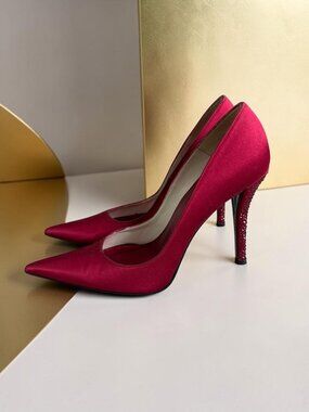 STUART WEITZMAN Ruby Red Rhinestone Embellished Satin Heels Size 7